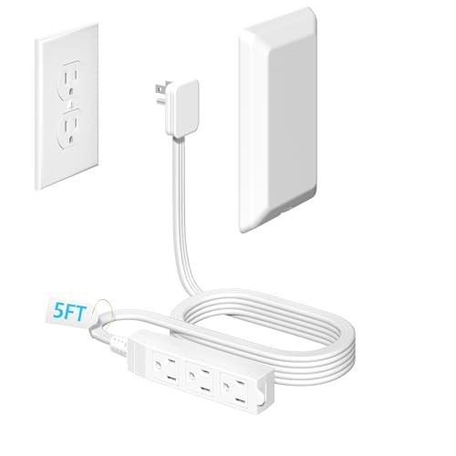 H HUNLEE 5FT Flat Extension Cord Ultra Thin Outlet Concealer with Cord Concealer Kit,Flat Outlet Extender with 3 Outlet Power Strip,Universal Size Flat Plug Power Strip for Home,ETL Listed,White