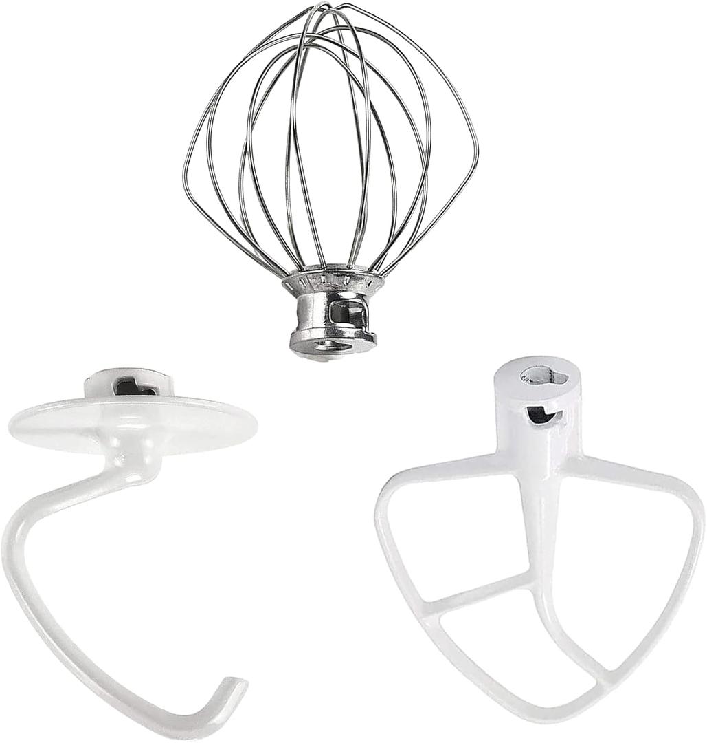 Stand Mixer Attachments 3-Piece Kit -Replace for Kitchen aid Accessories K45WW Wire Whip/ K45DH Dough Hook /K45B Coated Flat Blade Paddle with Scraper -Stainless Steel by TOMOON