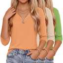 YooAurvox 3 Pack Girl's 3/4 Sleeve T-Shirts Soft V Neck Tops Loose Fit Shirts Basic Lightweight Blouses Cute Summer Tees(Grass Green, Beige, Orange,5-6 Years)