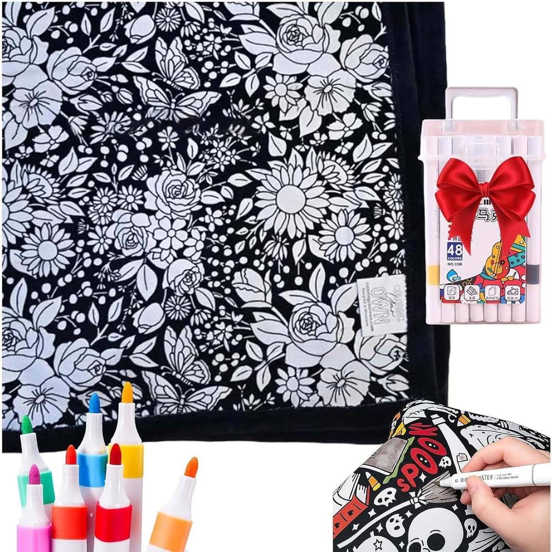 DIY Coloring Blanket with 12 Markers, 50"x60" DualSided Washable DIY Blanket, Personalized Soft Cozy Bedroom Decor (Flowers)