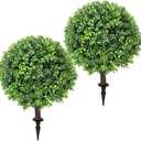 Artificial Boxwood Topiary Ball Tree 24" with Ground Spike, Set of 2 Artificial Boxwood Bushes for Faux Shrubs, Fake Evergreen Faux Plant for Indoor Outdoor Porch Garden- UV Resistant  Fade-Proof