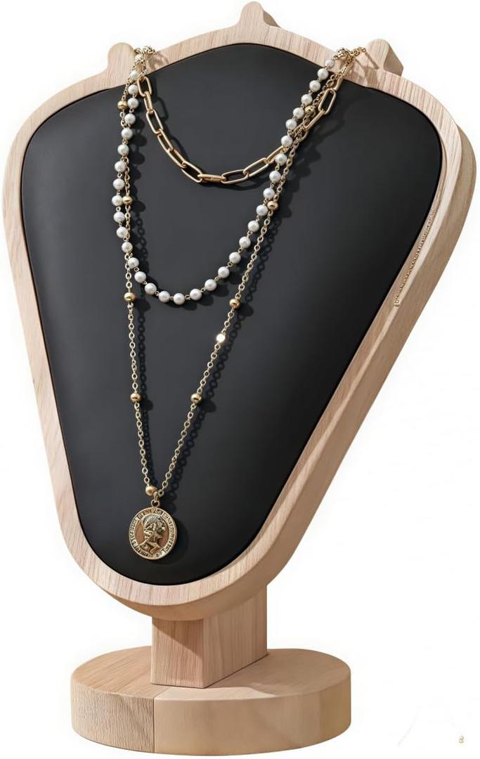 Natural Body Wood Necklace Display Stand with Black Leather Soft Mat Necklace Holder Organizer Desktop Stand for Home Store Dresser-3.3"x5.8"x8.4"