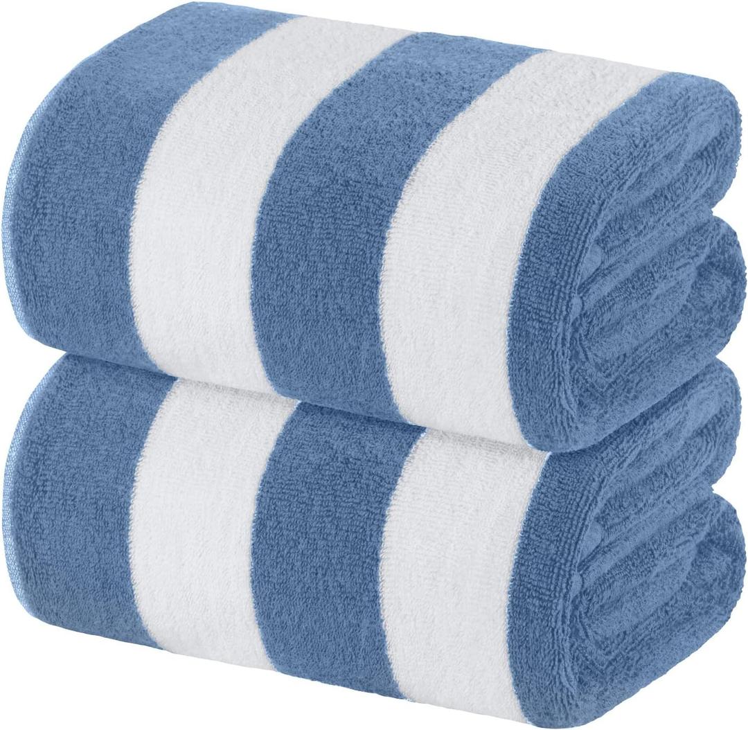White Classic Beach Towels Oversized Cabana Stripe Cotton Bath Towel Large - Luxury Plush Thick Hotel Swim Pool Towels for Adults Super Absorbent Quick Dry - 35x70 Light Blue [2 Pack]