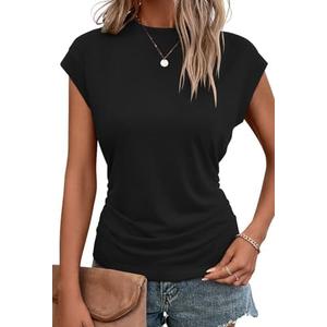 Bliwov Womens Summer Tops Cap Sleeve Crew Neck T Shirts Spring Trendy Fashion Outfits Business Beach Vacation Blouses Clothes Size M