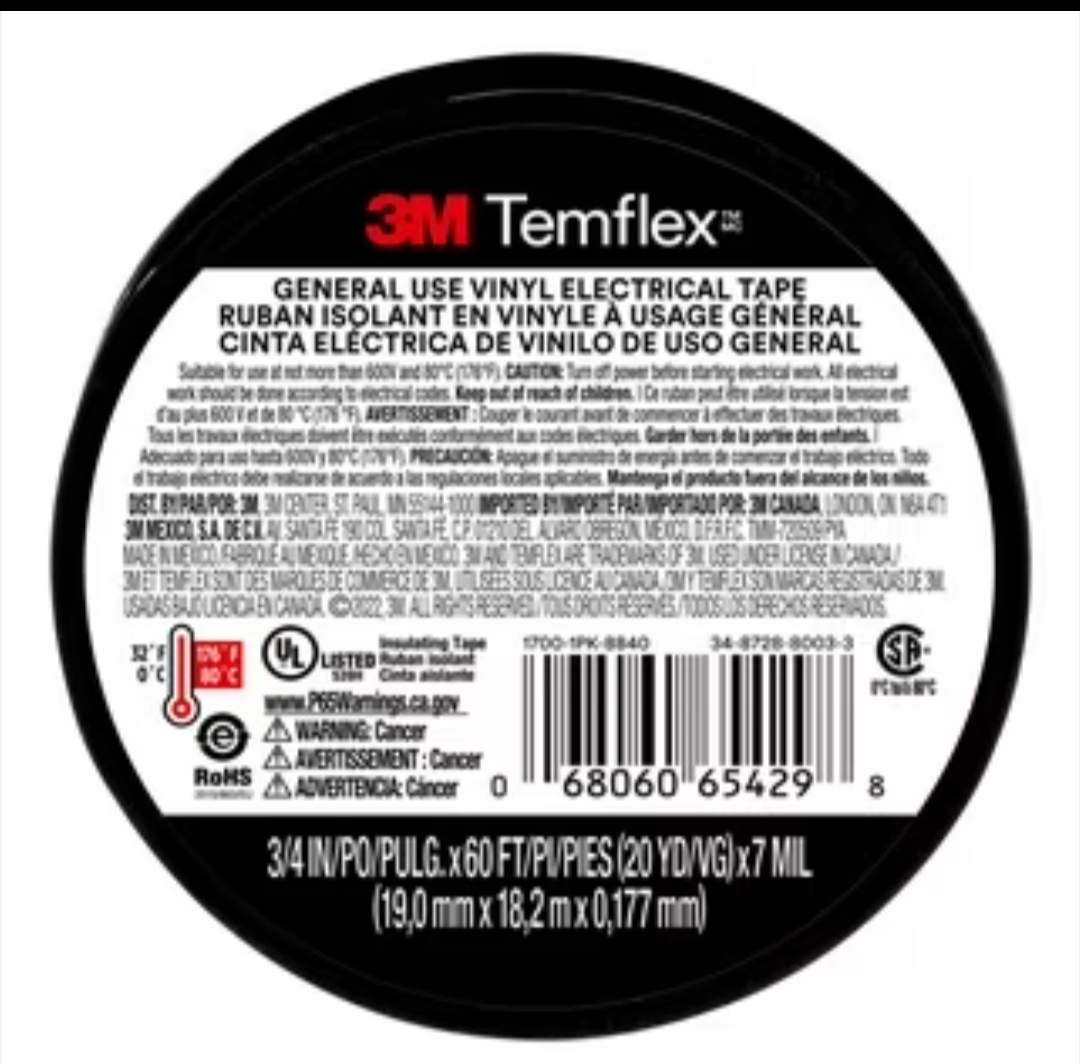 3M Temflex Vinyl Electrical Tape, , 3/4 in x 60 ft, Black (2-Roll)