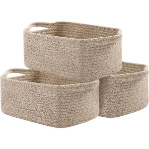 OIAHOMY Cotton Rope Baskets, Woven Baskets for Storage, Nursery Storage Baskets, Rectangle Storage Basket with Handles, Storage Baskets for Shelves, Pack of 3, Brown Variegated