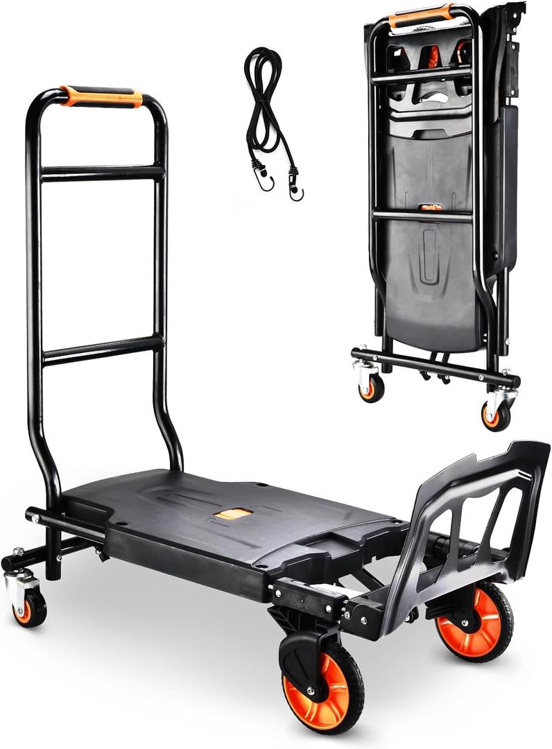 Folding Hand Truck，500lbs Capacity Heavy Duty Carrying Hand Cart，Ironton Steel Hand Truck with 4 Rotate Wheels，for Luggage, Moving, Shopping, Office,Travel Use(Orange)