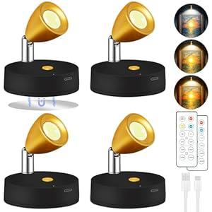 4 Pack Spot Lights Indoor, Rechargeable Wireless Plant Spotlight Indoor, 3 CCT Battery Operated Mini Spotlight, Ambient Lighting for Picture Wall Backdrop Decor (Black)