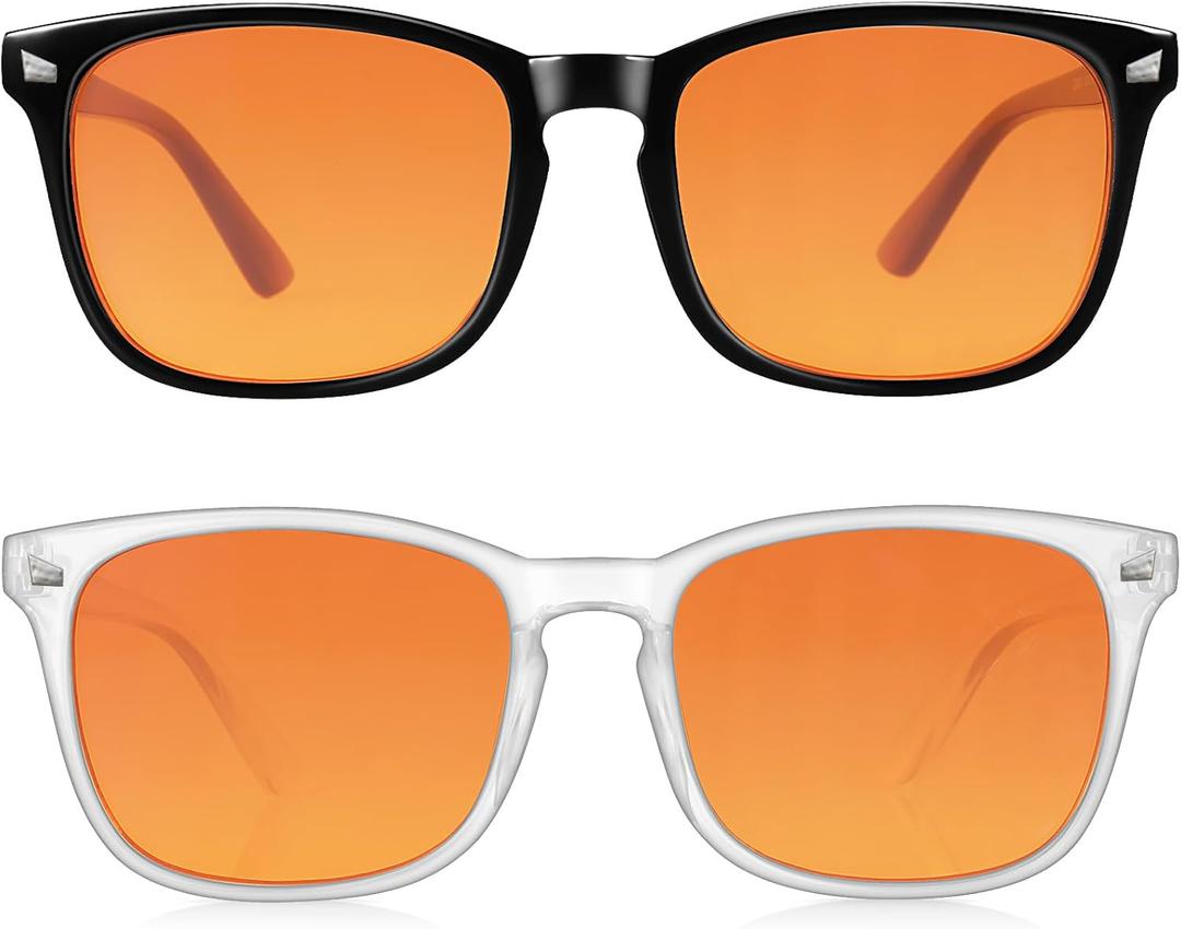 2 Packs Professional Sleep Glasses with 98.7% Blue Light Blocking Dual AR Coatings Amber Lens, Computer Gaming Glasses for Men Women, Anti Fatigue & Eye Strain