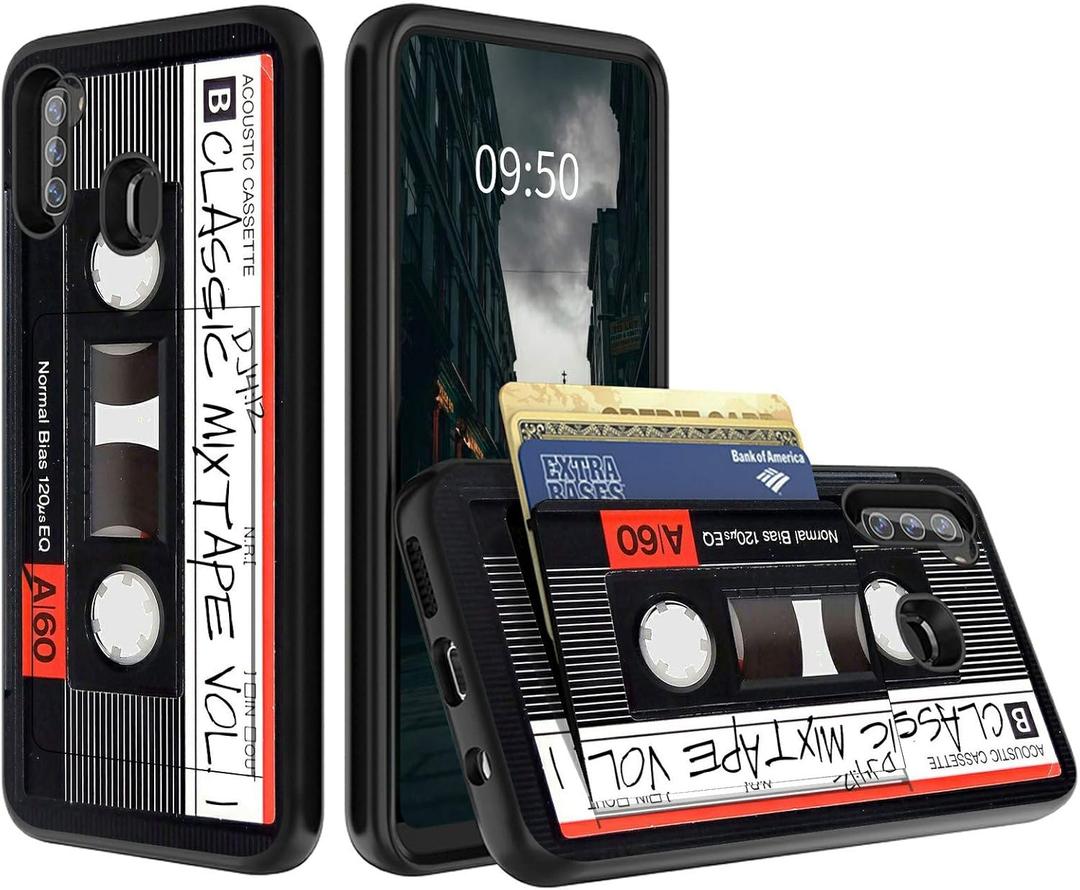 Rossy for Samsung Galaxy A21 Wallet Case with Card Holder, Dual Layer Hybrid Soft Silicone Hard PC with Kickstand Feature Shockproof Protective Flip Phone Case for Samsung A21Retro Audio Cassette