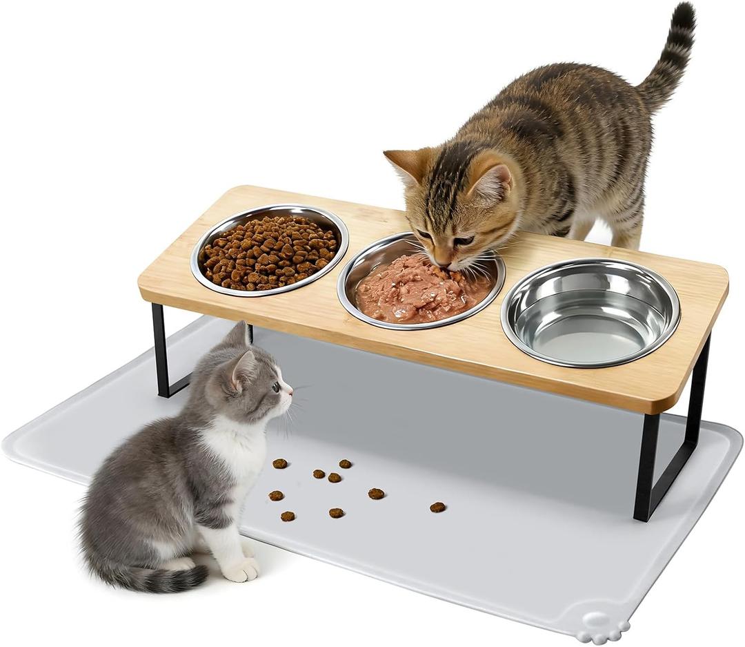 Elevated Cat Bowls, 15Tilted Raised Cat Food Bowls with Mat, Cat Food and Water 3 Stainless Steel Bowl Set for Indoor, Anti-Vomiting, Whisker Fatigue.