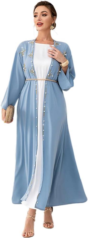 IDOPIP Muslim Abayas for Women Long Sleeve Open Front Cardigan Rhinestone Applique Islamic Dubai Maxi Kaftan Dress with Belt (Medium, Blue)