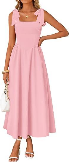 Women's Summer Spaghetti Strap Maxi Dress 2026 Tie Shoulder Square Neck Flowy Wedding Guest Party Beach Long Dresses, Pink XL