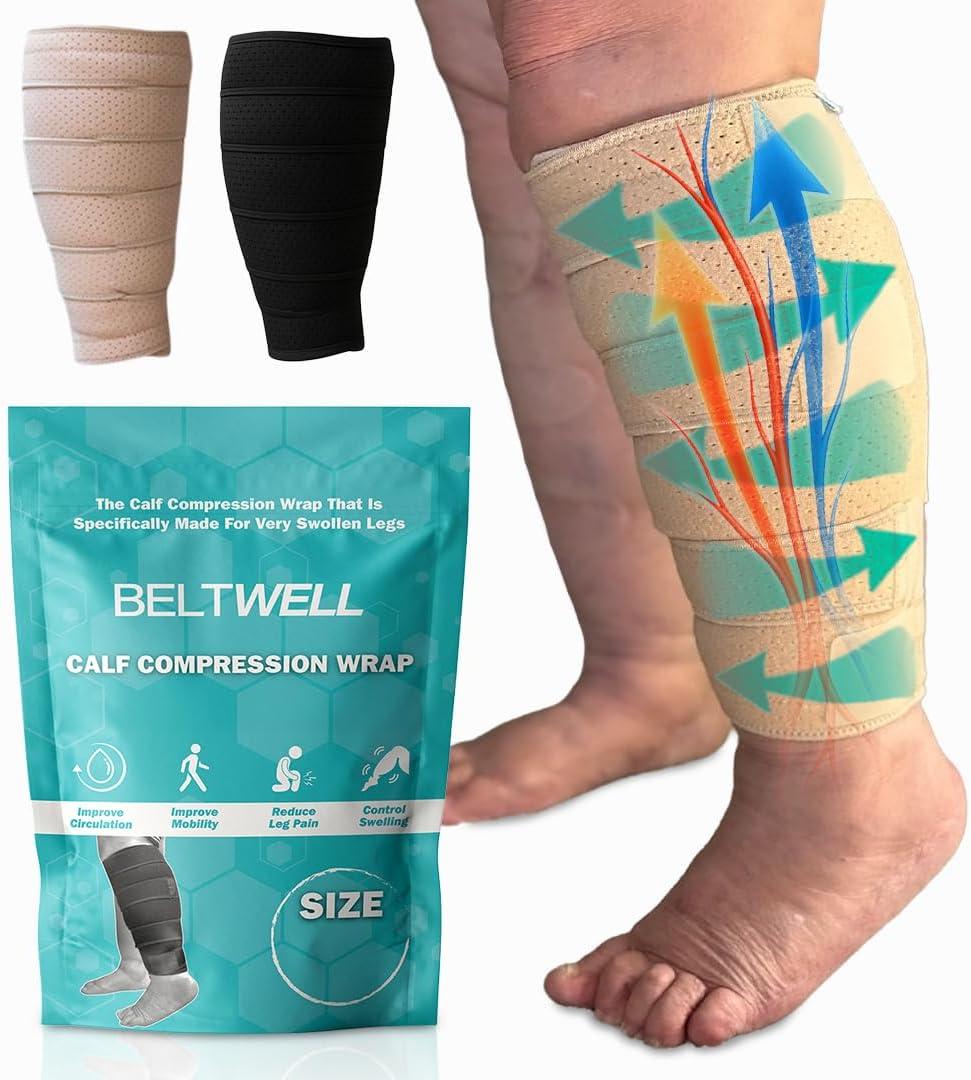 Beltwell Adjustable Lymphedema Calf Compression Wrap for Swelling, Edema, Lipedema, Circulation, Heaviness, Pain - Easy to put on (XXL - SHORT, Beige)