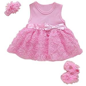 Niyage Baby Girls Clothes Dress Headband Shoes 3 Pcs Set Flowers Party Outfit Floral Dress-Pink 12-15 Months
