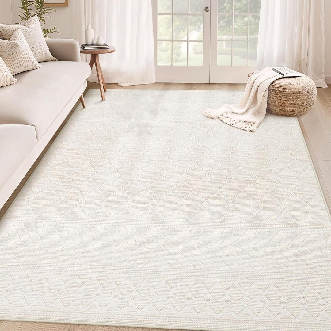 4x6 Geometric Rug: Washable Boho Moroccan Throw Rug Neutral Modern Farmhouse Indoor Soft Non Slip Ultra Thin Printed Pattern Rugs for Kitchen Bedroom (Beige, 4'x6')