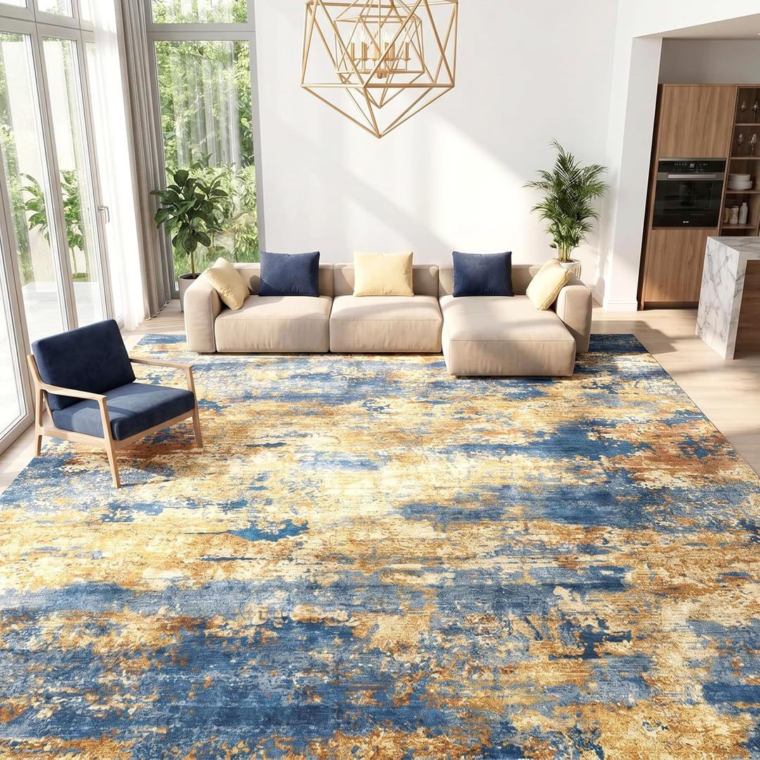 Extra Large Washable Area Rug for Living Room, 9'x12', Navy & Gold