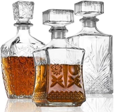 LAWADACH Whiskey Decanter, Liquor Decanters Set of 3, Glass Alcohol Bottle for Vodka, Tequila and Bourbon Unique Whiskey Bar and Party Decorations (28oz*2, 31oz*1)