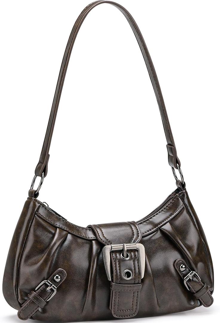 WantGor Women's Shoulder Bag, Clutch Tote Bags Top Handle Purse Zipper Handbag Buckle Punk Purses Trendy Underarm Bag (Brown)