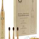Bamboo Electric Toothbrush with 4 Charcoal Infused Bamboo Brush Heads, 5 Modes, Sonic Technology, 38,000 VPM, 80-Day Battery Life, IPX7 Waterproof, Smart Timer for Adults (Wood)