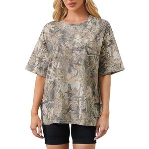 ECOWISH Camo Shirt for Women Maple Leaf Print Short Sleeve Crewneck T-Shirts Summer Oversized Tee Shirts Streetwear  XL