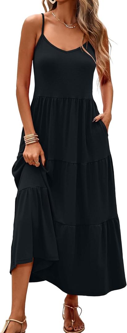 Halife Womens Flowy Tiered Maxi Dress Sleeveless Summer Sundresses Adjustable Straps Long Beach Sun Dresses with Pockets (Small, Black)