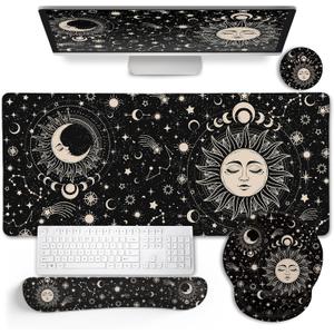 Sun Moon Mouse Pad Set Desk Mat Pad, XXL Large Gaming Mouse Pad with Wrist Rest, Ergonomic Mouse Pad, Keyboard Wrist Rest, Coaster, Home Office Desk Accessories Decor Supplies, Boho Abstract