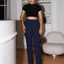 GOKATOSAU Women's Hight Waist Decorative Front Pocket Trousers Straight Wide Leg Long Flared Pants Navy (M)