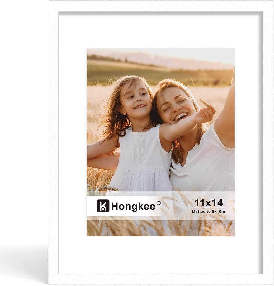 Hongkee 11x14 Picture Frame, Made of Solid Wood with Real Glass, Display Pictures 8x10 with Mat or 11 x 14 without Mat - Wall and Tabletop (White, 1 Pack)