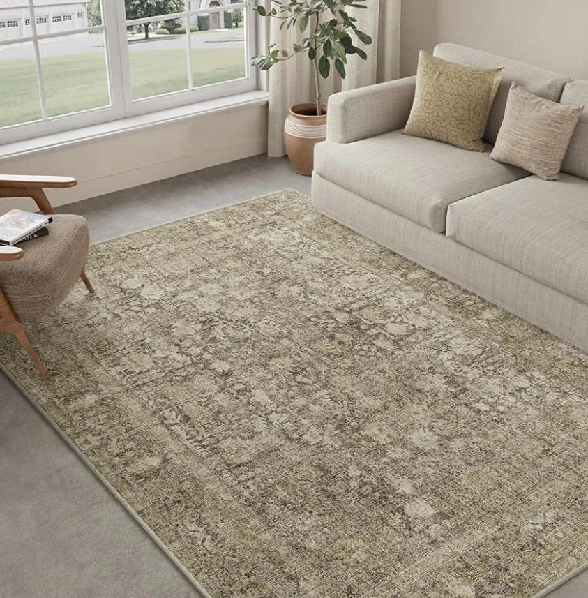 Brown Area Rug 6x9 Machine Washable Vintage Living Room Distressed Non Slip Carpet Traditional Indoor Bedroom Retro Floral Accent Throw Large Rug for Office Kitchen Dining Room
