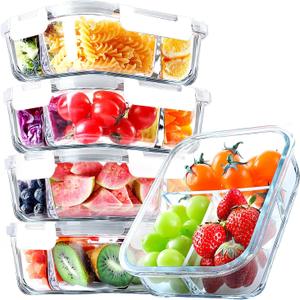 VERONES 5 Pack Glass Meal Prep Containers 3 Compartment Set, 36OZ Airtight Glass Lunch Containers, Food Storage Containers with Lids, for Microwave, Oven, Freezer & Dishwasher Friendly,White