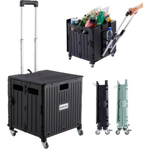 Folding Utility Cart Portable Rolling Crate Handcart Shopping Trolley Collapsible Tool Box, with Lid, on 4 Rotate Wheels, for Grocery, Shopping, Office, Teacher, Camp(Black)