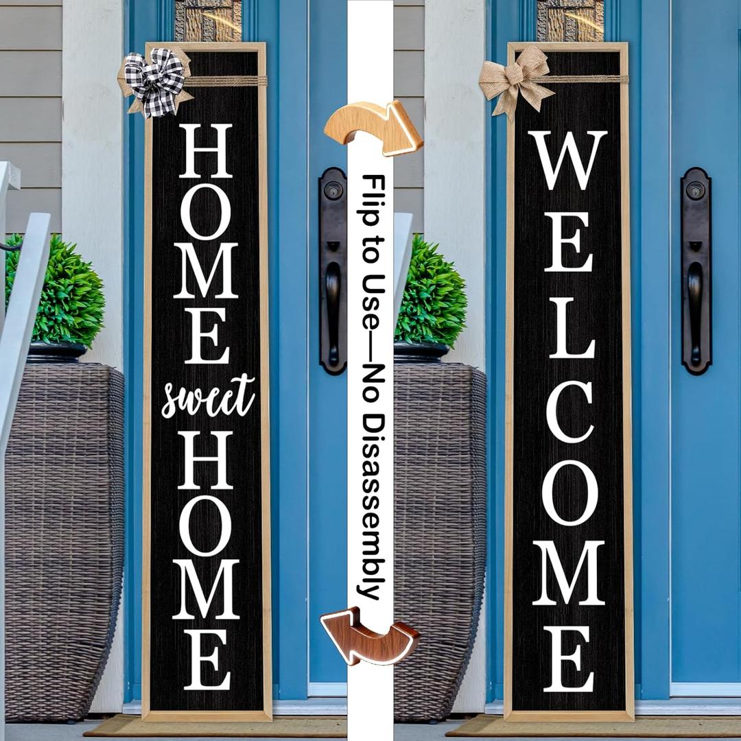 Outdoor 2in1 Welcome Sign for Front Door Home Sweet Home Sign for Farmhouse Tall Outdoor Front Porch Standing 2 Sided 45"X9" Large Vertical Leaner Rustic Outside Decor (Wood Black), 45L" x 9W"
