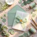 YooNotee 100 Set Wedding Invitation Wrap Set Pre Folded Vellum Jacket for 5x7 Invitations with Sage Green Envelope Gold Wax Seal Stickers Wedding Invitation Accessories Kit for Bridal Invite DIY Craft