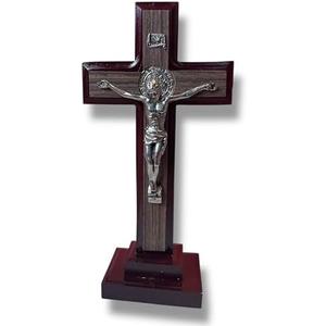 Amazon.com: St. Benedict Tabletop Crucifix  8 Mahogany & Oak Wood Style Cross on Stand  Catholic Desk Cross for Home or Office Prayer Corner : Home & Kitchen