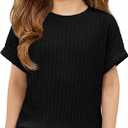 ZDC Girls Short Sleeve T Shirts Kids Summer Textured Tops Crewneck Casual Tee 5-14 Years (Black)