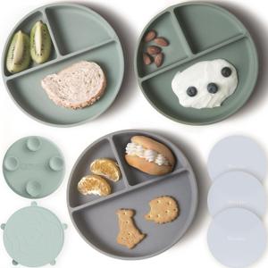 Moonkie Suction Plates for Baby | 100% Silicone BPA-Free Baby Plates with Lids and Food Cover | Divided Design | Microwave and Dishwasher Safe | Toddler Plates 3 Pack (3Pcs-Mint/Sage/Lunar Grey)