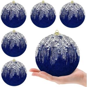 6PCS 4 inch Velvet Christmas Ball Ornaments Set, Glitter Shatterproof Christmas Tree Hanging Ornament Flocked Hanging Balls Xmas Trees Wreath Garland Holiday Wedding Party, Royal Blue