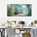 CHATYOUNG Canvas Wall Art Living Room, Blooming Roses Manor Landscape Painting Monet Style Wall Art Pink Flowers Picture Ready to Hang Bedroom Bathroom Kitchen Home Decor Gifts for Women 24"X48"