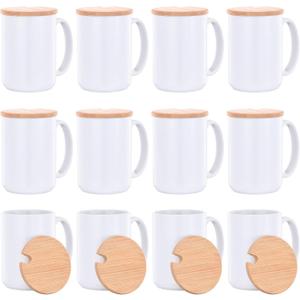 RAINBOWTIE Sublimation Mugs 15 oz with Bamboo Lid Ceramic Coffee Cup Sublimation Coffee Mugs Tazas Para Sublimar Set of 12
