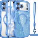 BENTOBEN Magnetic for iPhone 17 Pro Case 2025, Clear Glitter Cute Curly Wavy [Compatible with Magsafe] Sparkly Shinny Slim Design Shockproof Protective Girly Women Phone Cover, Deep Blue/Clear