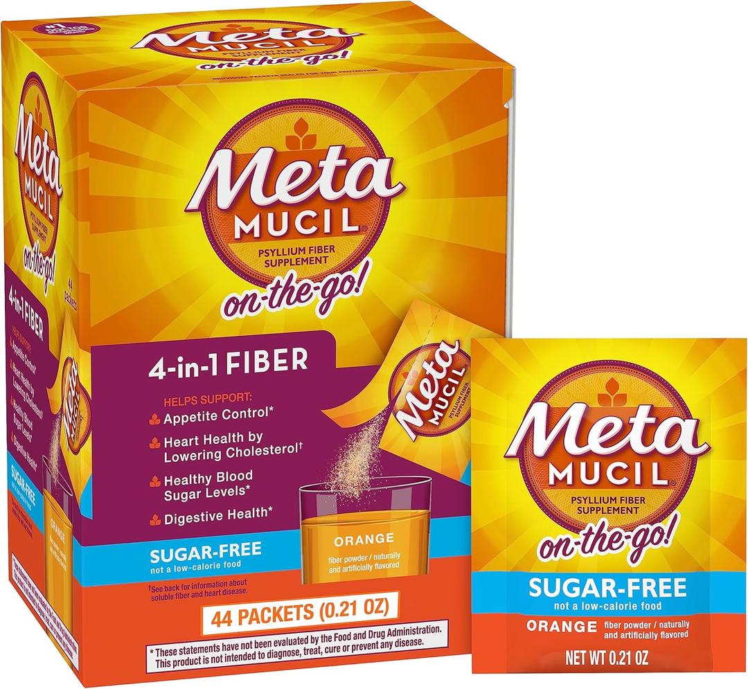 Metamucil On-The-Go, Daily Psyllium Husk Powder Supplement, Sugar-Free Powder, 4-in-1 Fiber for Digestive Health, Orange Flavored Drink, 44 Packets, BBD 02/2029