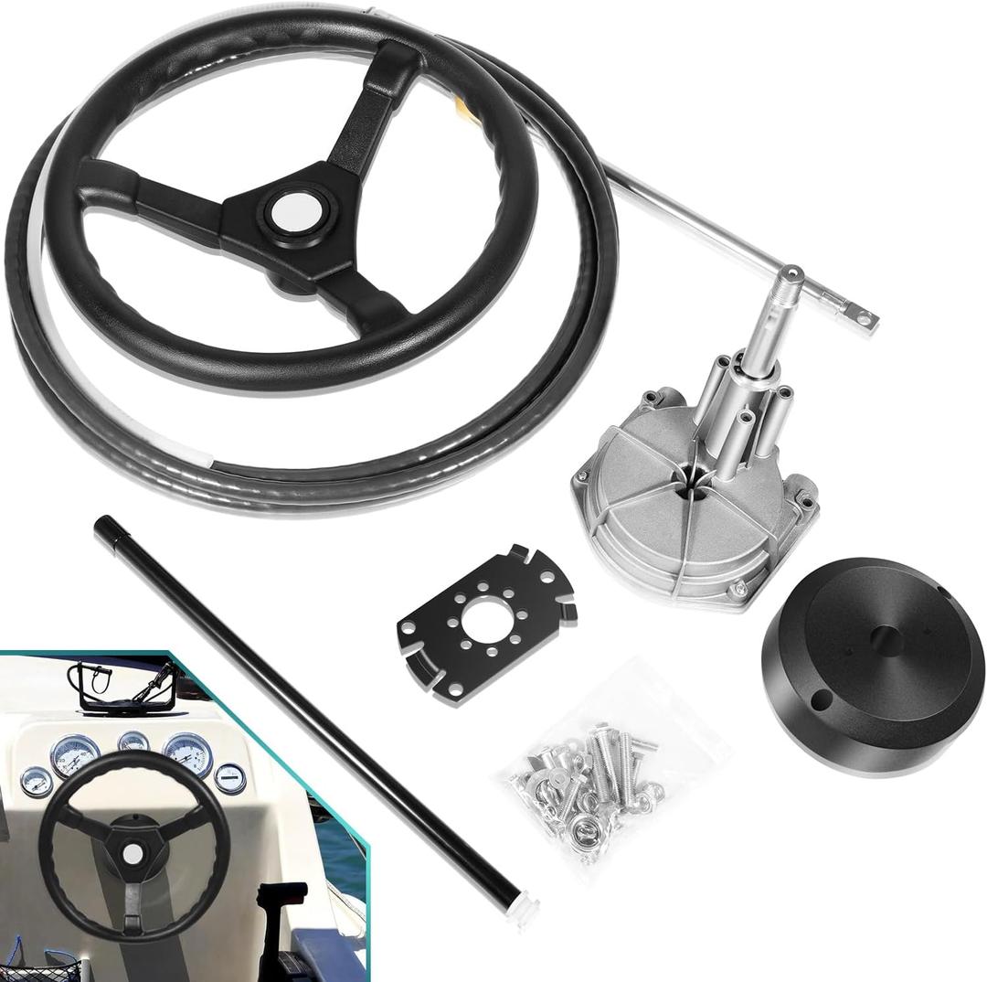 Boats Steering System, 15 Feet Cable Outboard Steering Kit with 3/4'' Standard Tapered Shaft & 13.5" Steering Wheel for Yachts, Fishing Boats and Other Watercraft