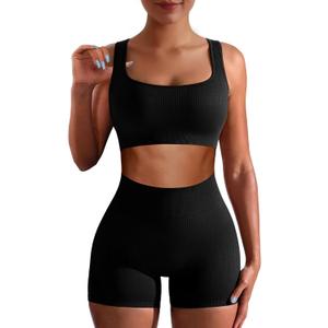 Workout Sets for Women Two Piece Sets for Women Summer Seamless Ribbed High Waist Leggings with Sports Bra Gym Sets (Medium, Black)