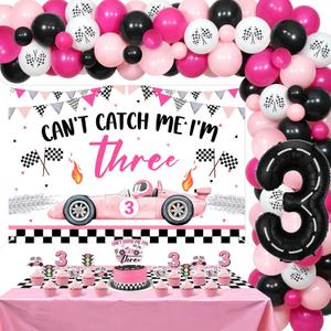 Race Car 3rd Birthday Party Decor for Girls Can't Catch Me I'm Three Backdrop Banner Pink Checkered Tablecloth, Balloons, Cake Toppers Pink Racing Party Kit for Girl Celebration