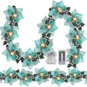 Zubebe 2 Pcs Prelit Poinsettia Christmas Garland with String Lights Glitter Holly Leaves Berries Remote Timer 8 Modes 6.5 ft Lighted Flower Garland Battery Operated Indoor Outdoor Decor(Teal)