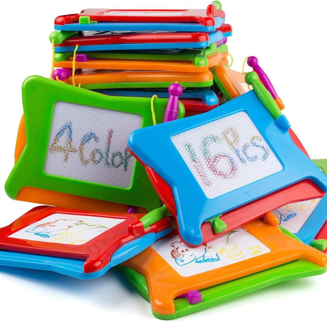 16pc Mini Magnetic Drawing Board, 4-Colors Travel Size Erasable Doodle Magna Board Toy, Small Writing Painting Sketching Pad, Educational Learning and Classroom Prizes for Toddler Boy Girl Kids Child