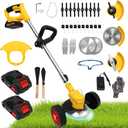 21V Electric Weed Wacker Cordless Grass Trimmer with 2x2000mAh Batteries & Fast Charger, 3 in 1 Stringless Lightweight Brush Cutter/Edger/Mower with 3 Types Blade & Wheels for Garden and Yard Lawn (Yellow)