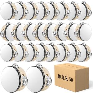 50 Pcs 4 Inch Mini Tambourines Bulk Wooden Hand Held Drums with Metal Jingles Tambourines Bulk Musical Instrument Tambourines for Adults,Church,Wedding Party Favors