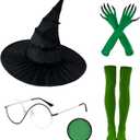 Witch Costume Accessories Glasses Hat Gloves Stockings Green Face Paint for Women Halloween Movie Wizard Cosplay Props Role-playing Party